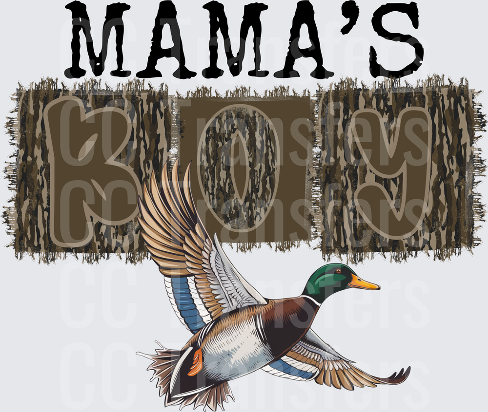 Mama's Boy Camo Text Flying Mallard Duck (DTF)