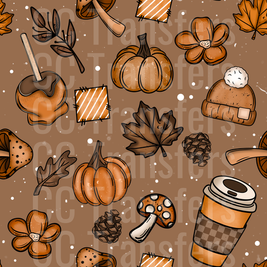 Autumn Fall Pumpkins Mushrooms Coffee Leaves Pattern (DTF)
