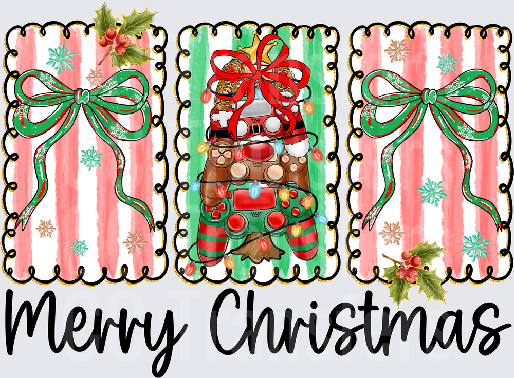 Merry Christmas Gaming Controllers Holiday Bows Triple Panel (DTF)