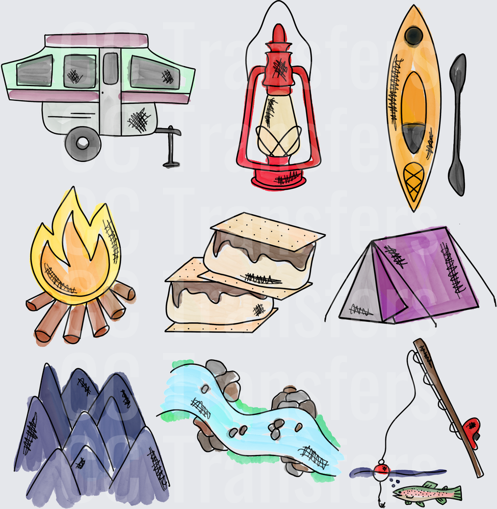 Camping Icons Set Outdoors Adventure Elements (DTF)