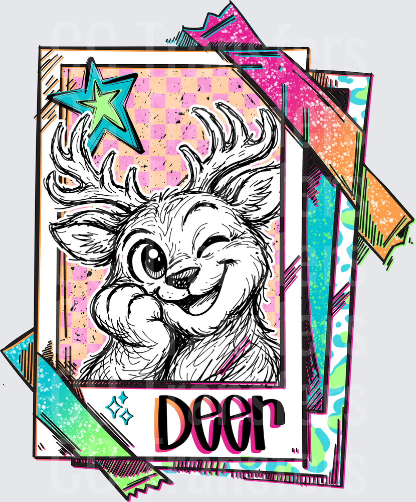Winking Cartoon Deer Portrait Retro Trading Card Style (DTF)