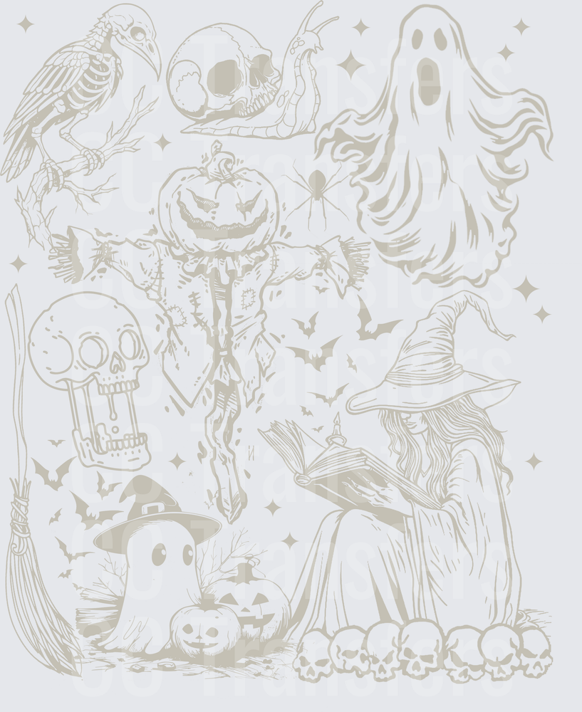 Halloween Collage Witch Ghost Scarecrow Skull Bats (DTF)