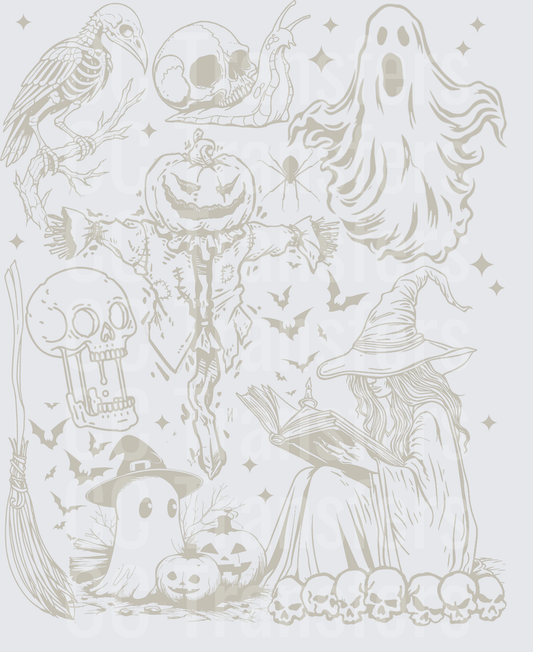 Halloween Collage Witch Ghost Scarecrow Skull Bats (DTF)