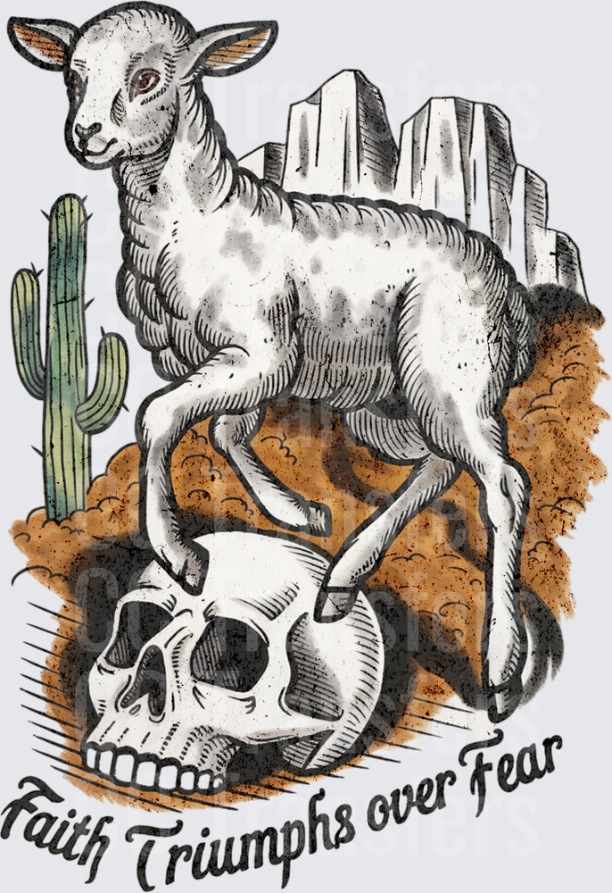 Faith Triumphs Over Fear Lamb on Skull Desert Scene (DTF)