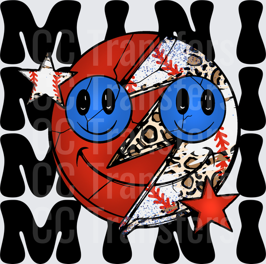 Mini Smiley Face Baseball Leopard Lightning Bolt (DTF)