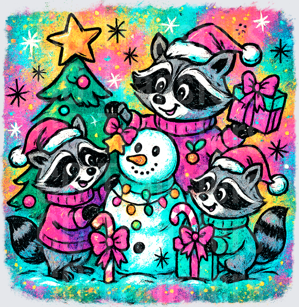 Cute Raccoon Family Christmas Snowman Holiday Scene (DTF)