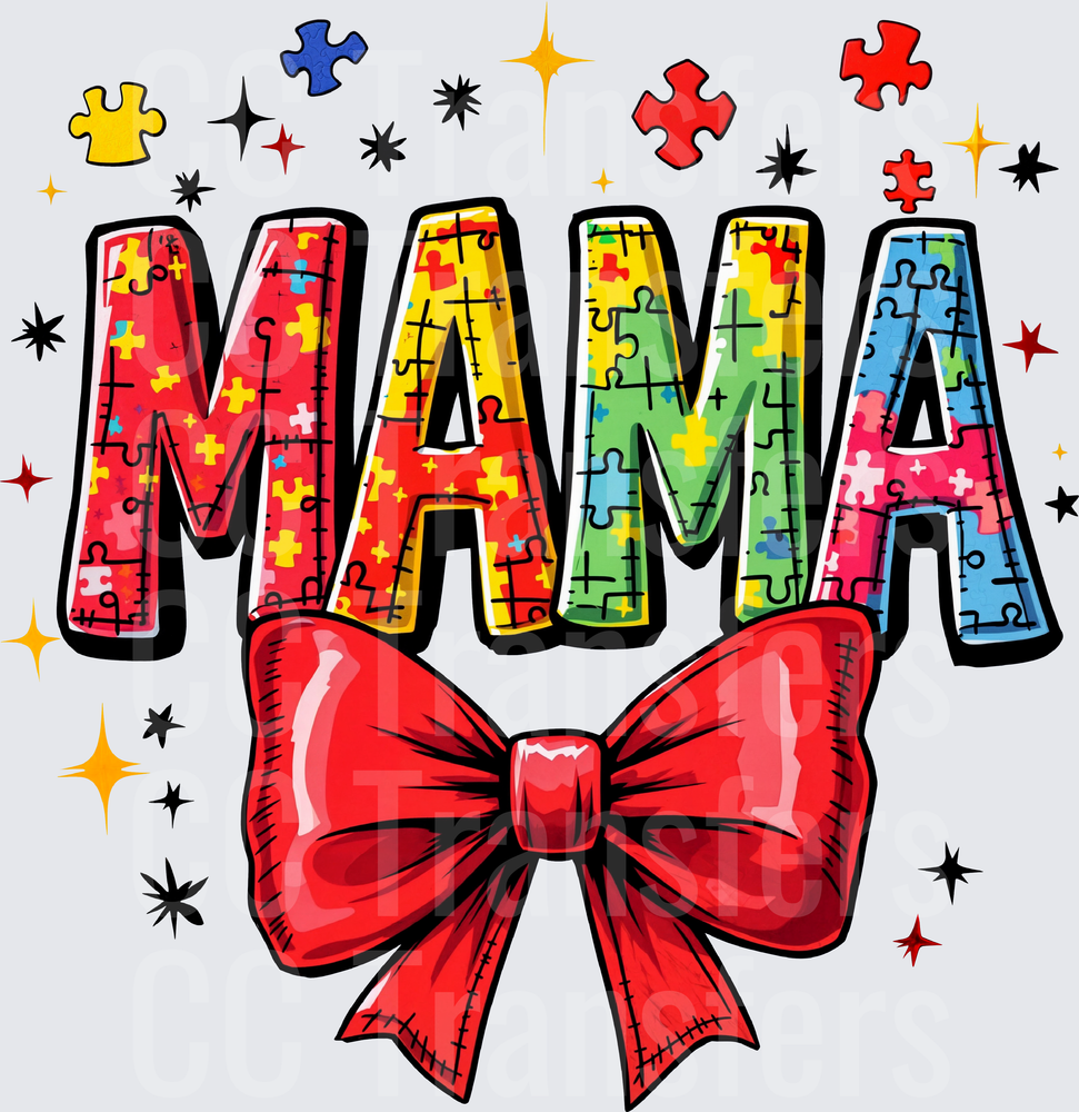 Mama Autism Awareness Puzzle Piece Red Bow (DTF)