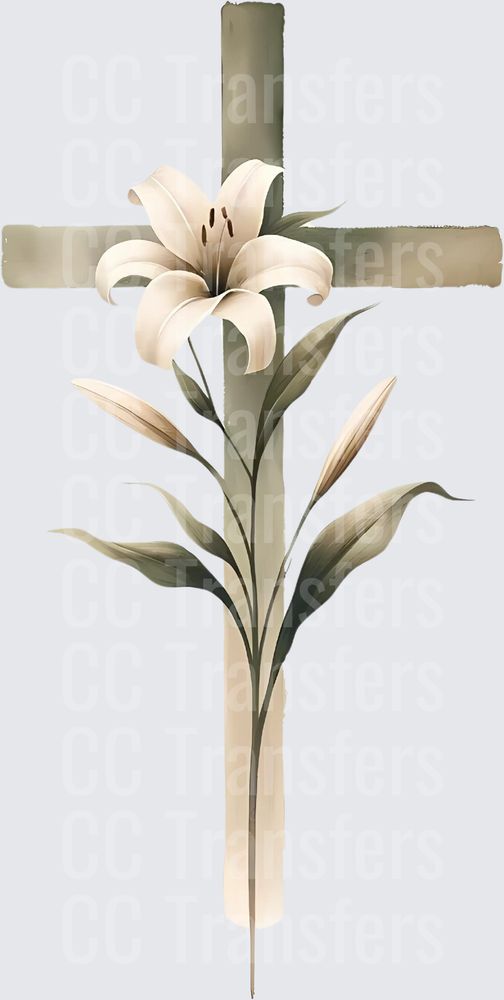 Watercolor Easter Cross with White Lily Floral (DTF)