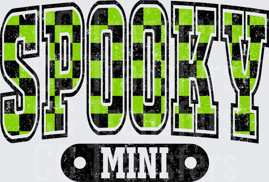 Spooky Mini Green Black Checkered Varsity Grunge Text (DTF)