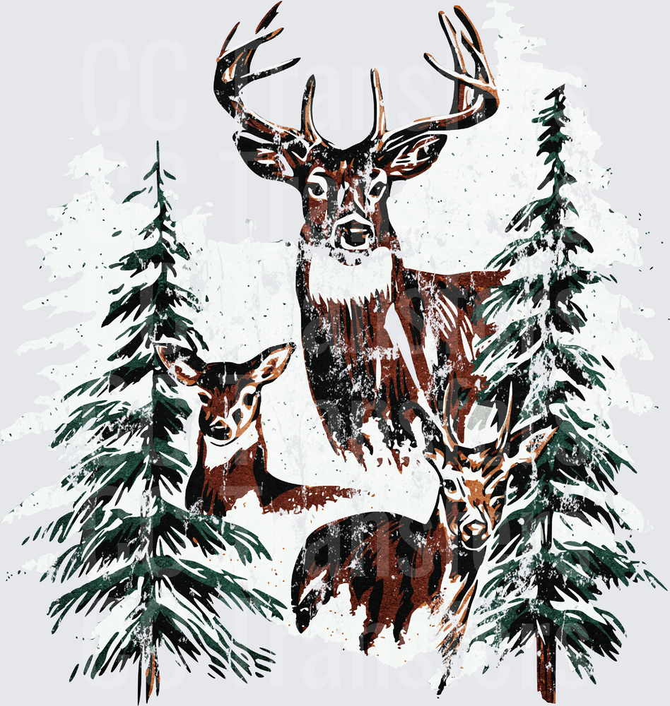 Whitetail Buck Doe Family Winter Pine Forest Scene (DTF)
