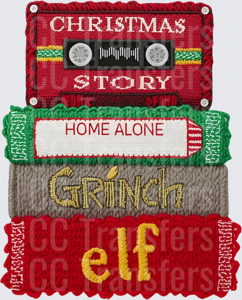 Embroidered Christmas Movie Cassette Tape Stack (DTF)