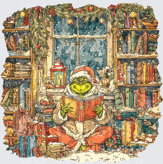 Grumpy Green Creature Reading Book in Cozy Christmas Library (DTF)