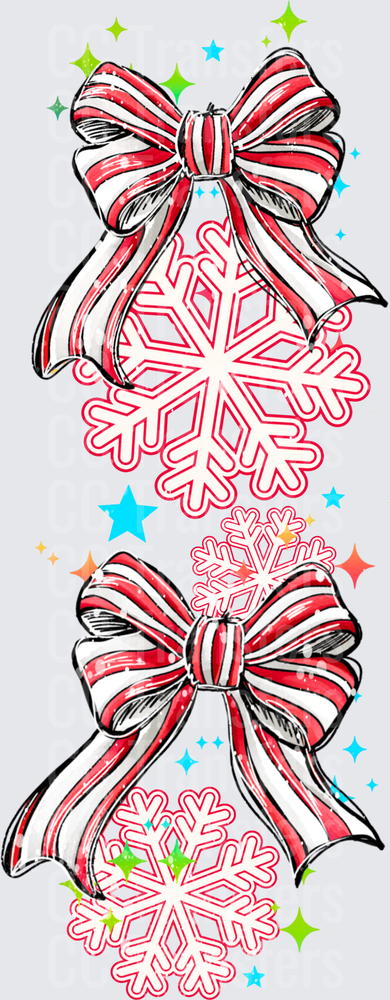 Red White Striped Bows Snowflakes Sparkles Christmas (DTF)