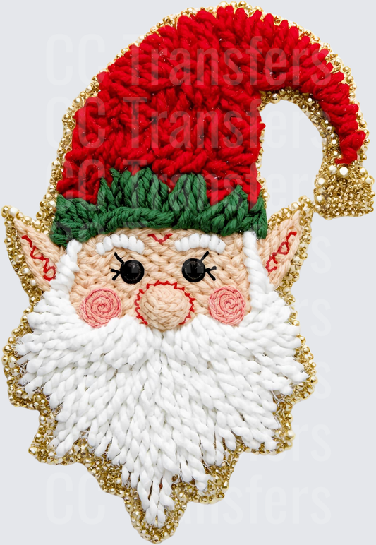 Yarn Embroidery Christmas Gnome Face Gold Beaded (DTF)
