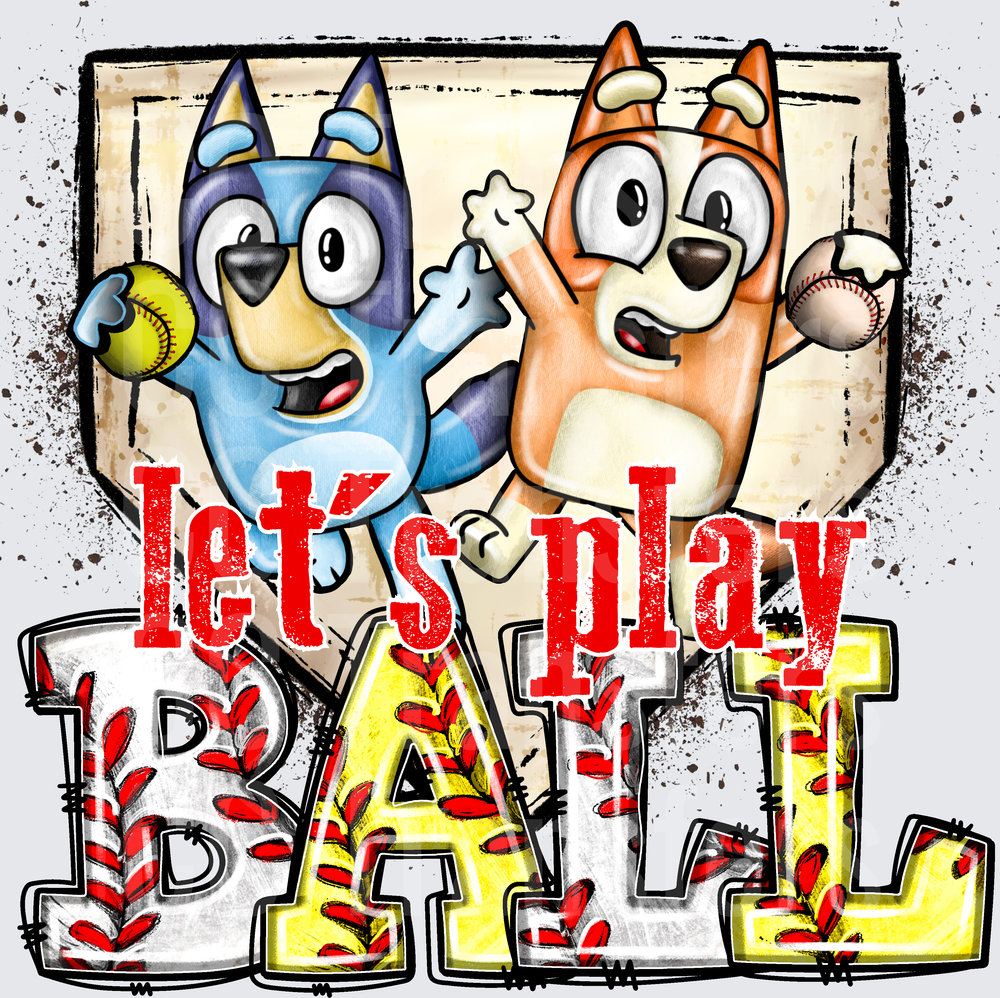 Let's Play Ball Blue and Orange Cartoon Dogs Baseball (DTF)