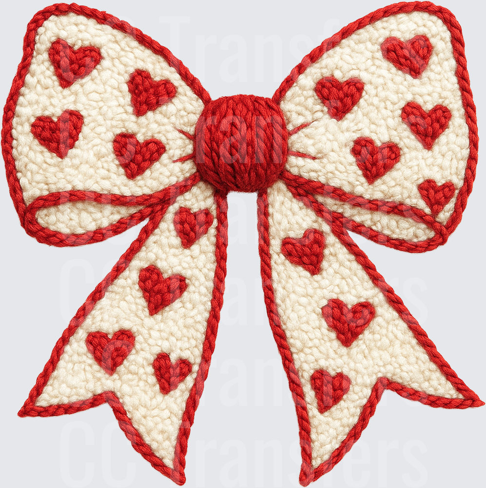 Crochet Knit Bow with Red Hearts Pattern (DTF)