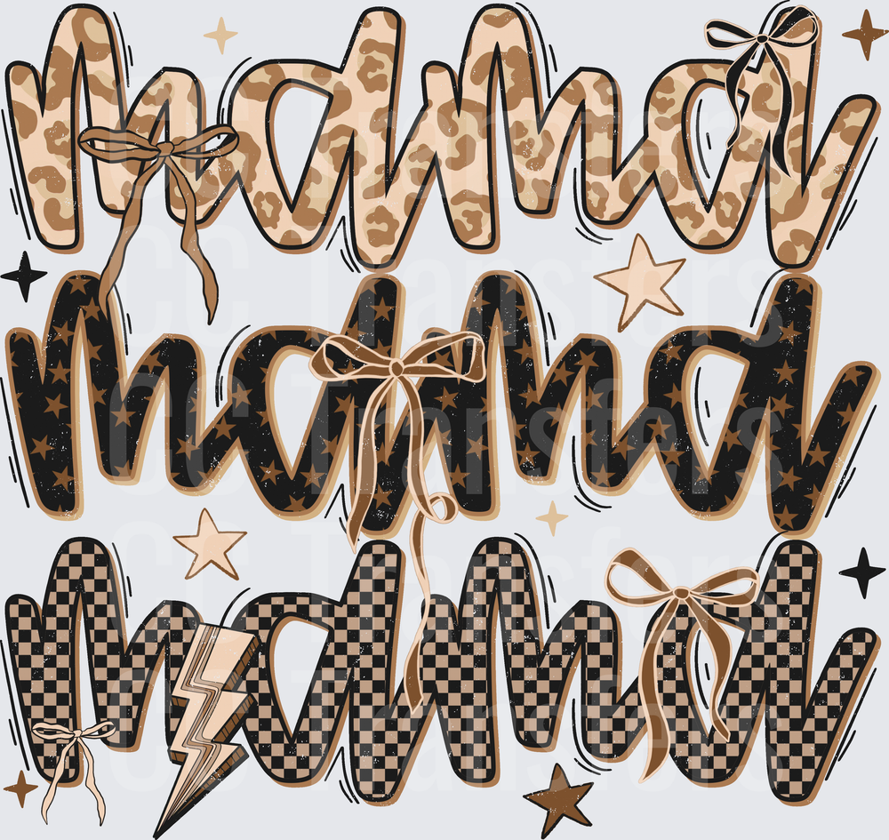 Triple Mama Leopard Checkered Star Bow Bubble Letter (DTF)