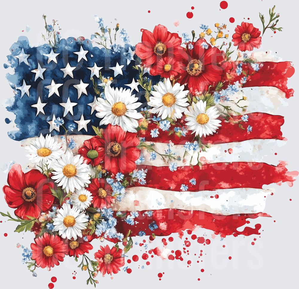 Watercolor Floral American Flag with Daisies and Poppies (DTF)