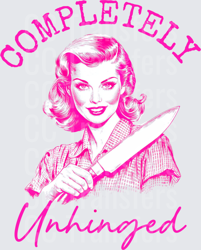 Completely Unhinged Retro Housewife With Knife Pink (DTF)