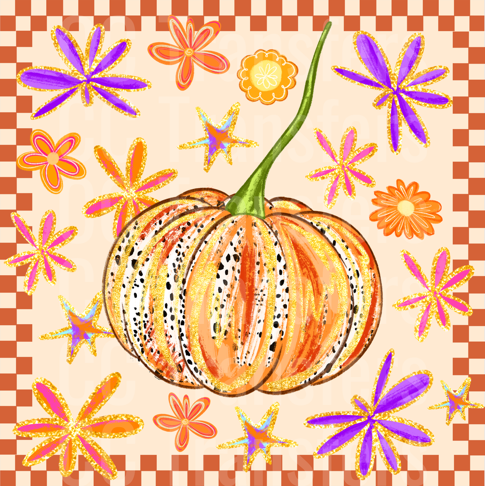 Boho Dalmatian Print Pumpkin Retro Floral Checker (DTF)