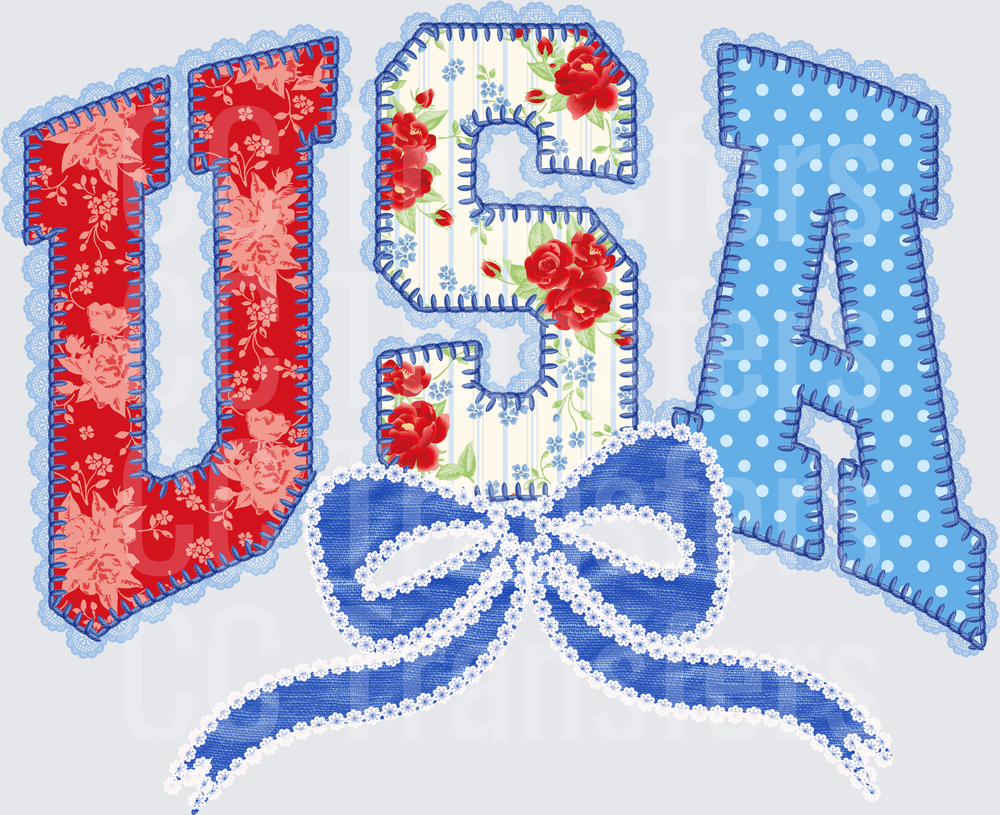 Patchwork Lace USA Letters with Blue Bow (DTF)