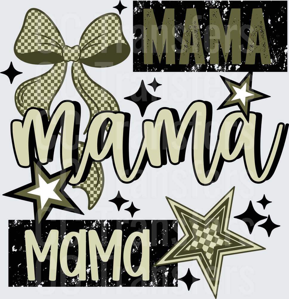 Olive Green Checkered Bow Mama Script Stars Grunge (DTF)