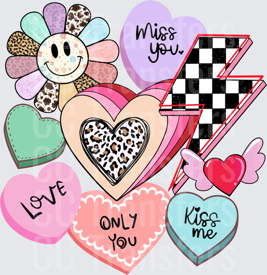 Retro Valentine Hearts Smiley Flower Leopard Love Cluster (DTF)