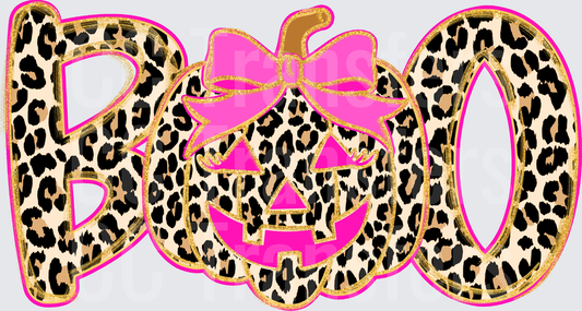 Leopard Print BOO Halloween Pumpkin Pink Bow (DTF)