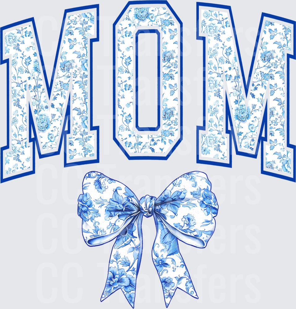 Blue Floral Varsity MOM Letters with Bow (DTF)