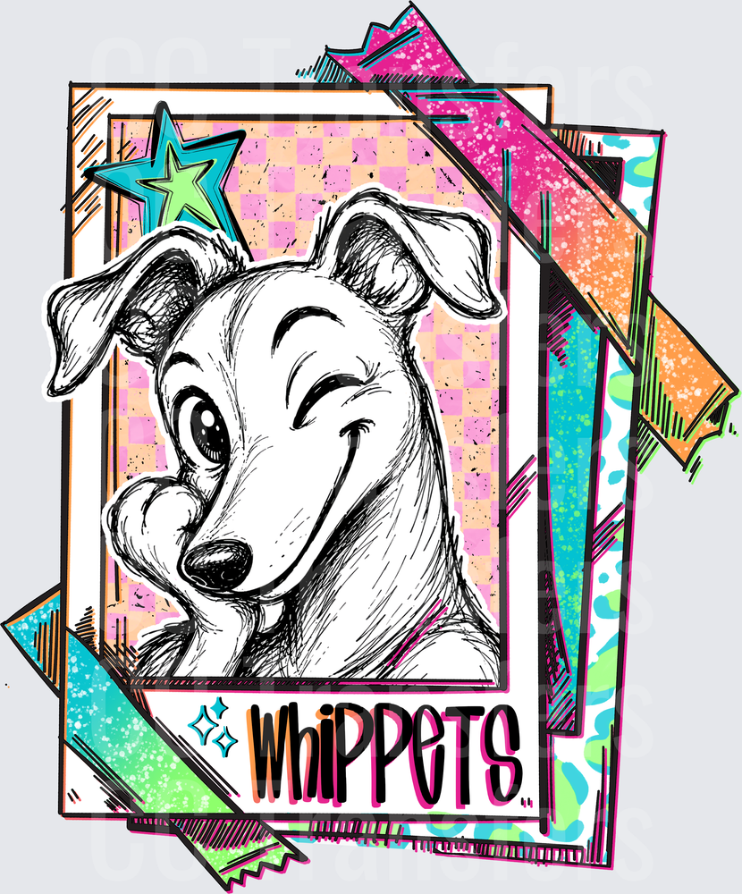 Retro Whippet Dog Sketch Polaroid Pop Art (DTF)