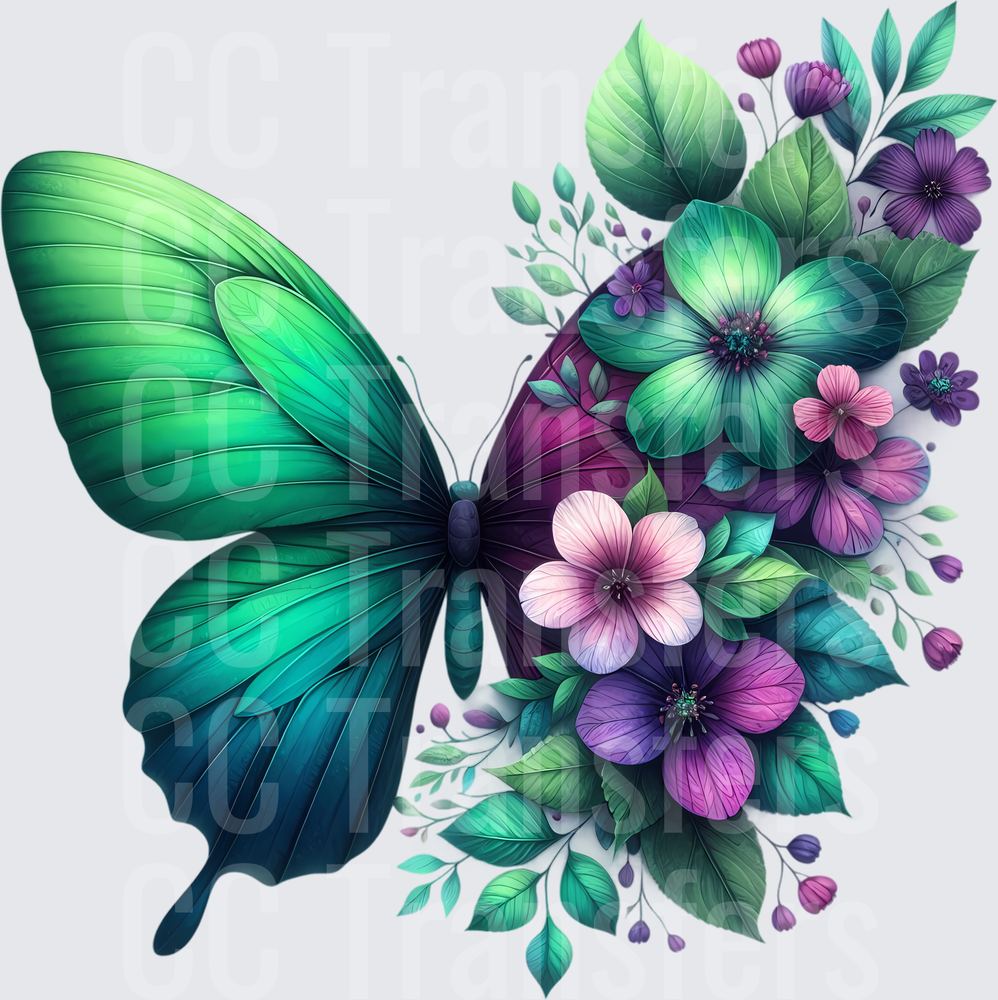Emerald Green Butterfly with Purple Floral Bouquet (DTF)