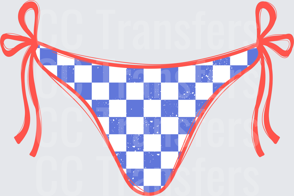 Blue White Checkered Bikini Bottom with Red Tie Bows (DTF)