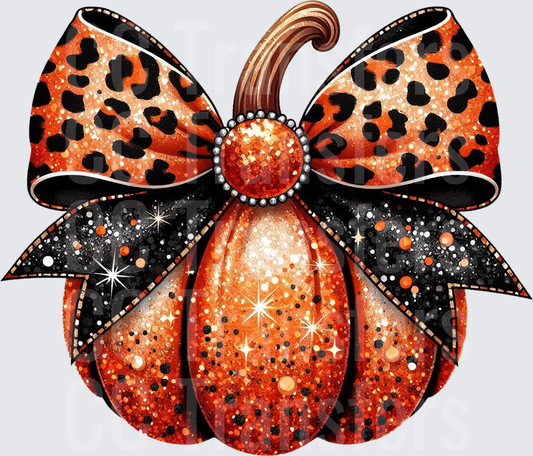 Glitter Pumpkin Leopard Print Bow Rhinestone Sparkle (DTF)