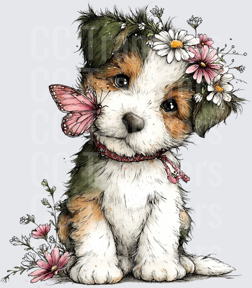 Whimsical Puppy with Floral Crown and Pink Butterfly (DTF)