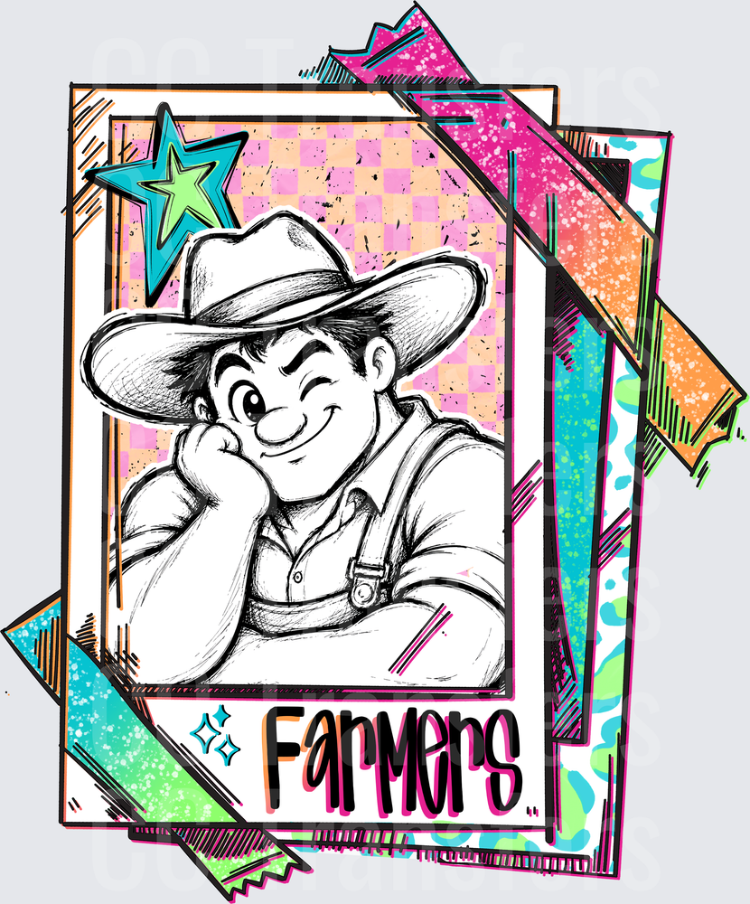 Farmers Boy Cowboy Hat Sketch Retro Card Design (DTF)