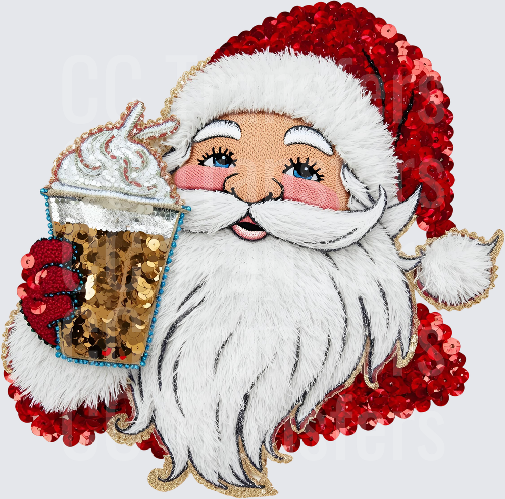 Sequin Santa Holding Iced Coffee Frappuccino (DTF)