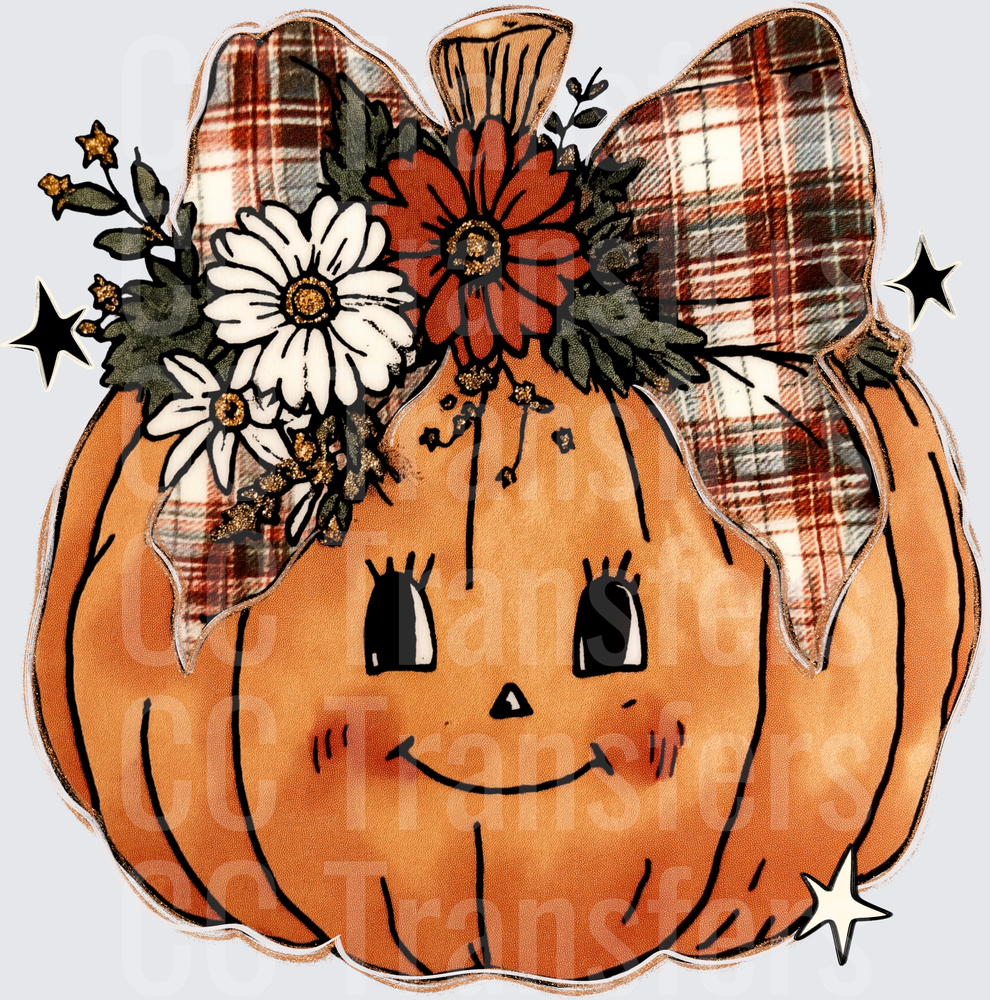 Cute Smiling Pumpkin Floral Plaid Bow Fall (DTF)