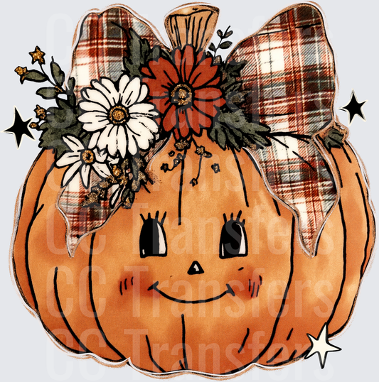 Cute Smiling Pumpkin Floral Plaid Bow Fall (DTF)