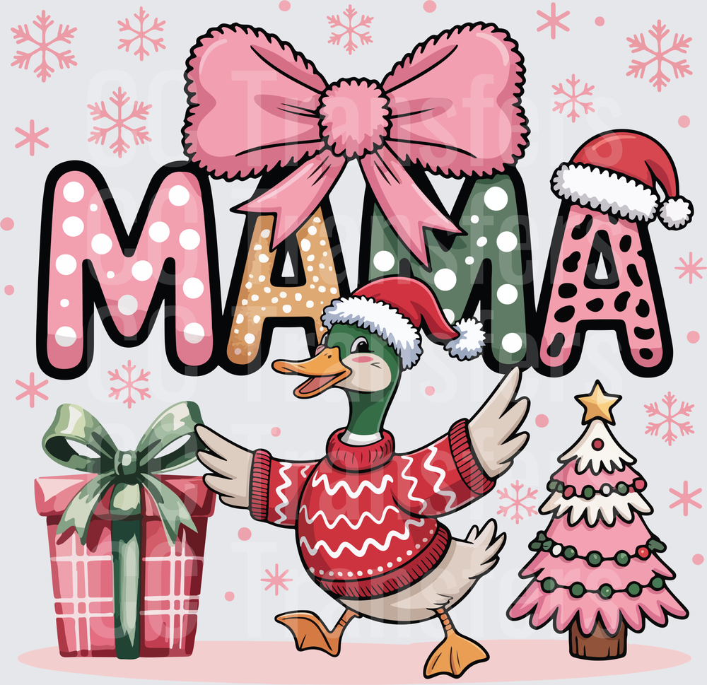 Mama Christmas Duck Santa Hat Ugly Sweater Pink Bow (DTF)