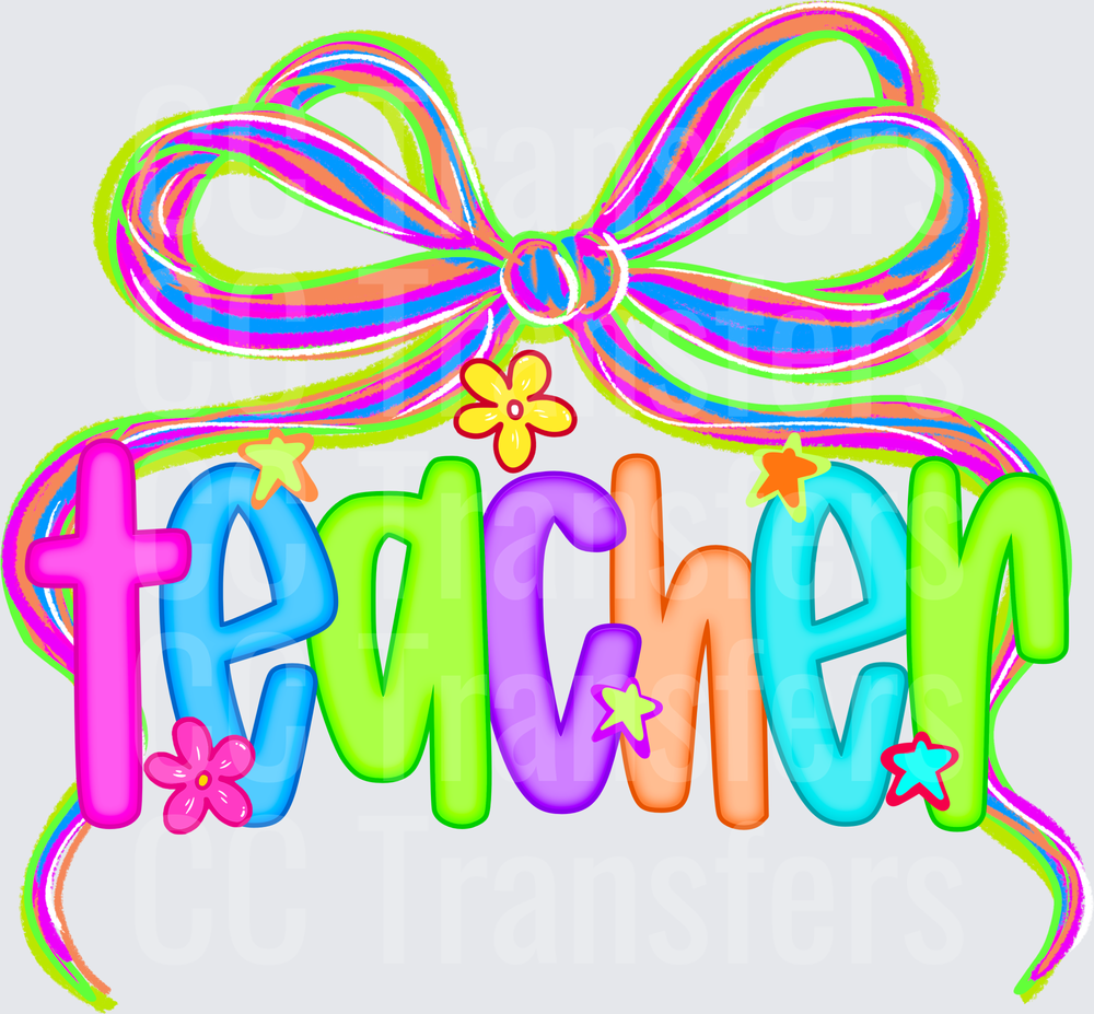Colorful Teacher Text with Bow and Flowers (DTF)