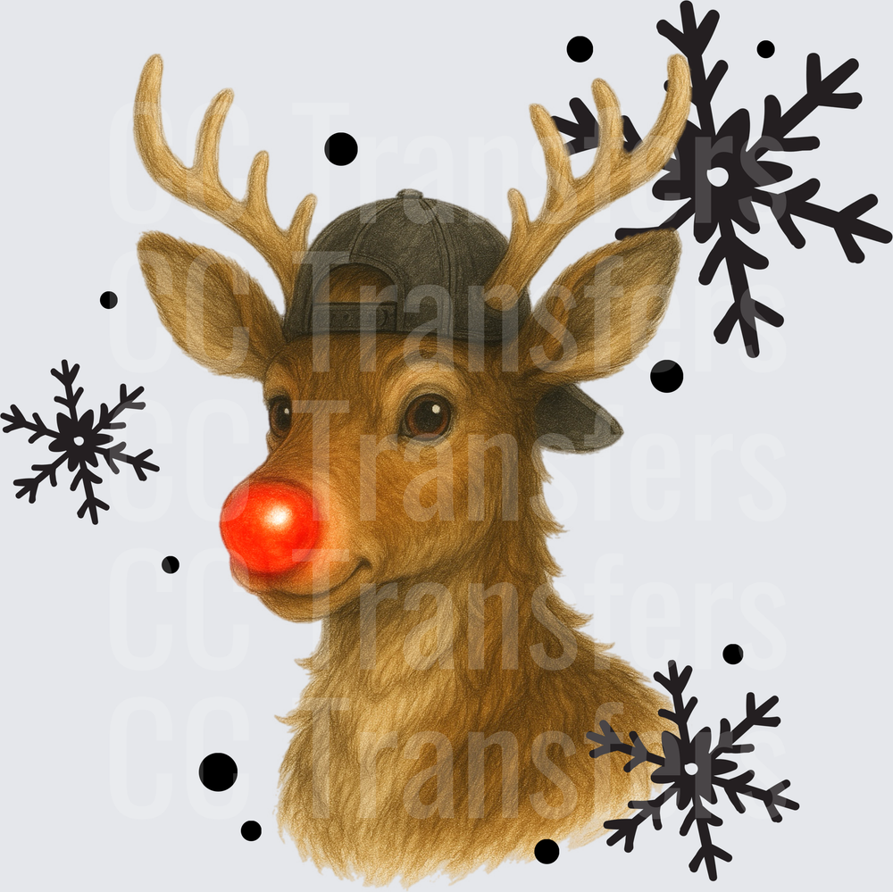 Glowing Red Nosed Reindeer Snapback Cap Snowflakes (DTF)