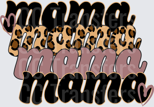 Stacked Mama Leopard Print Retro Bold Script Hearts (DTF)