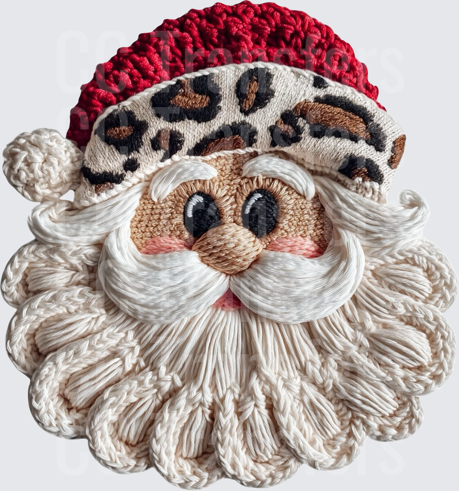 Embroidered Santa Leopard Print Hat Fluffy Beard (DTF)