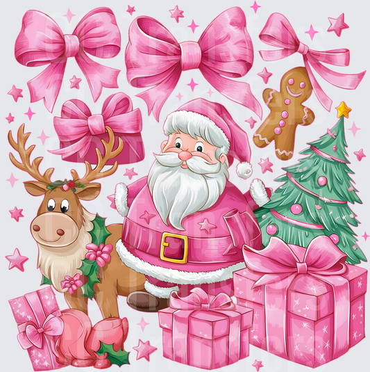 Pink Christmas Santa Reindeer Bows Gifts Holiday Scene (DTF)