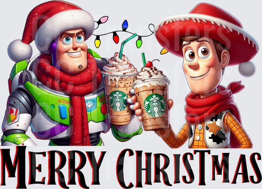 Toy Story Buzz & Woody Christmas Santa Hats Coffee Cheers (DTF)