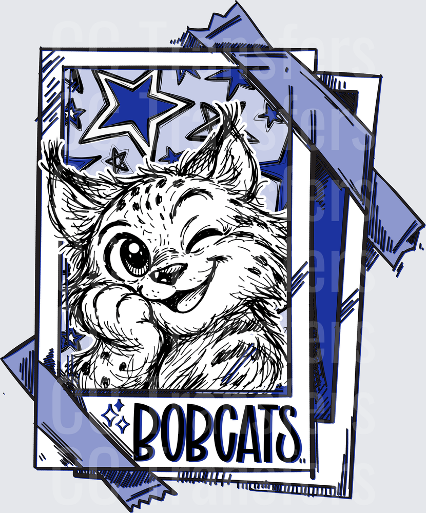 Bobcats Winking Mascot Sketch Polaroid Blue Stars (DTF)