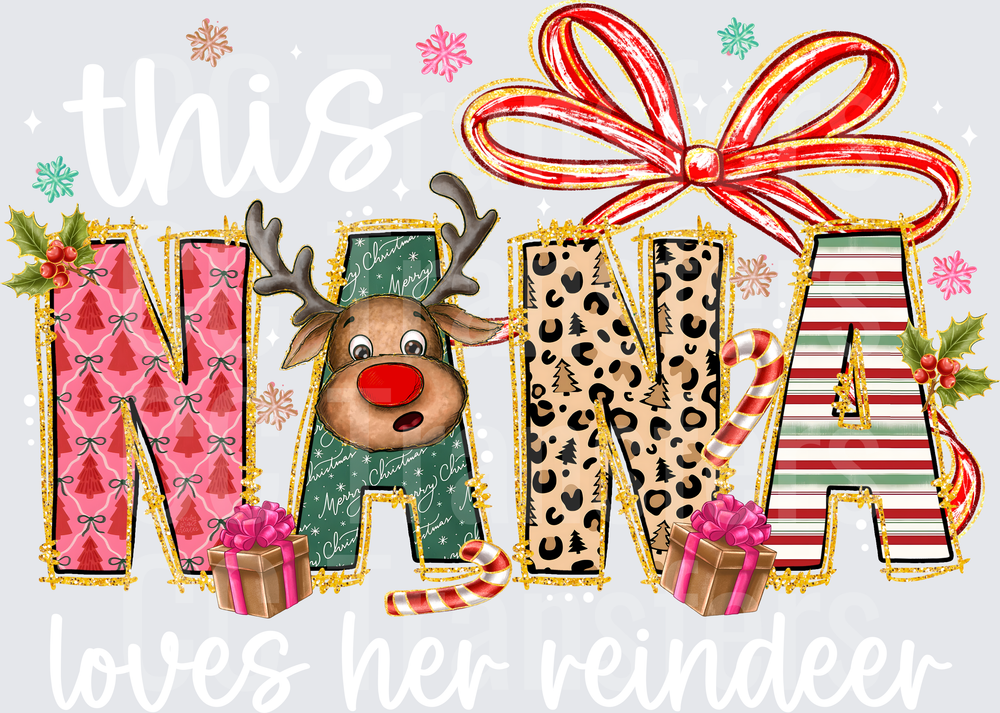 Nana Christmas Patchwork Letters Reindeer Bow Design (DTF)