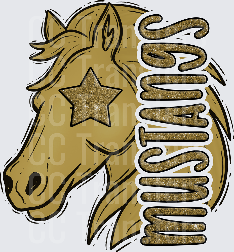 Gold Glitter Mustangs Horse Head with Star (DTF)