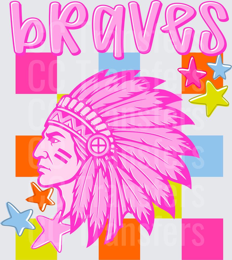 Braves Native Chief Headdress Pink Retro Checkered Stars (DTF)