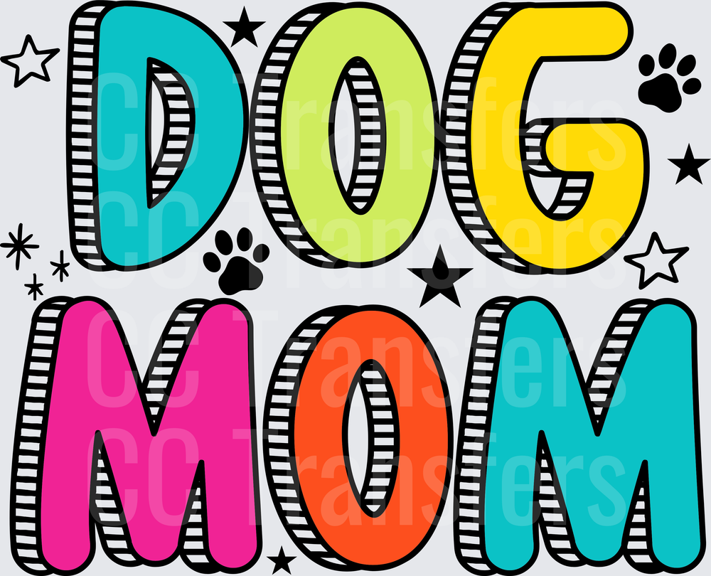Colorful Bold Dog Mom Text with Paw Prints and Stars (DTF)